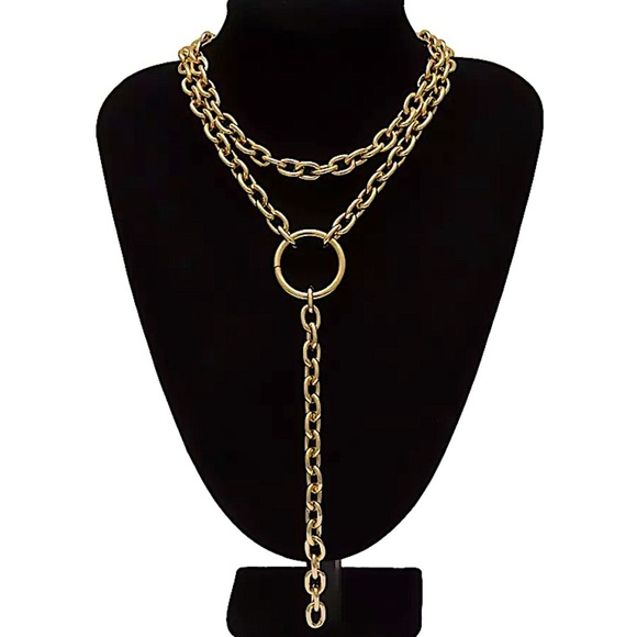 Y Lariat Gold O Link Chunky Statement Chain Link Exaggerated Necklace - Picture 3 of 6